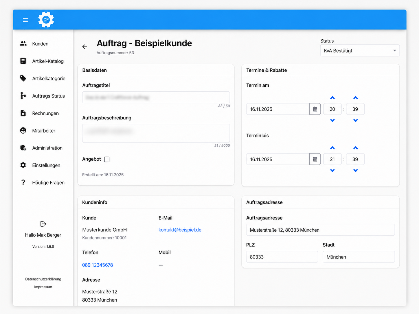 Craftforce Web-Anwendung mit Auftragsdetail, Basisdaten, Terminen und Kundeninformationen
