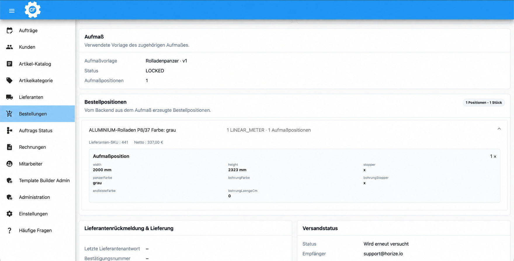 Craftforce Web-Anwendung: aus dem Aufmaß erzeugte Bestellpositionen mit Maßen, Lieferanten-SKU und Versandstatus